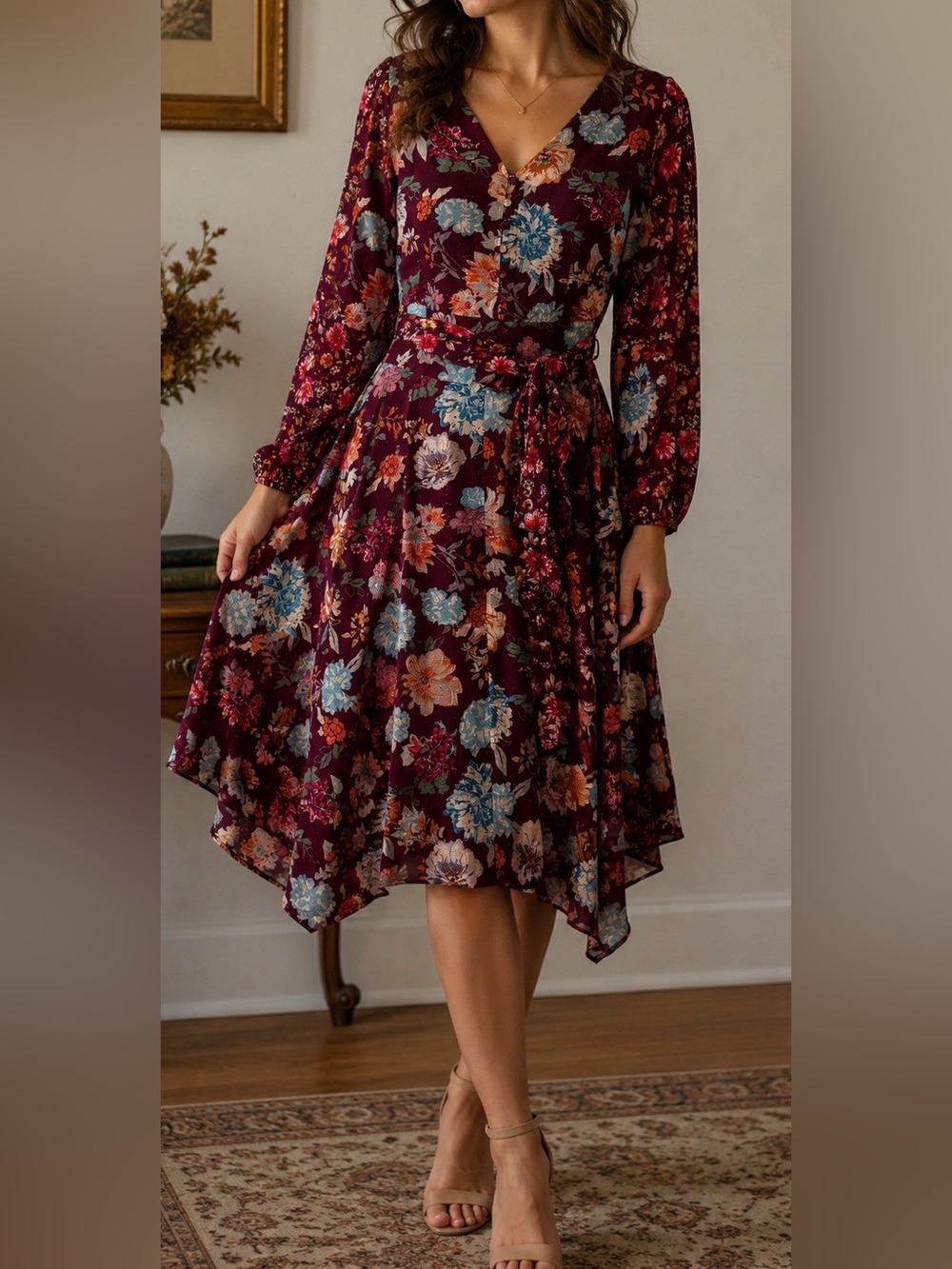 Tolani Eggplant Multicolor Floral Pattern Long-Sleeve Midi Dress - Size S NWT